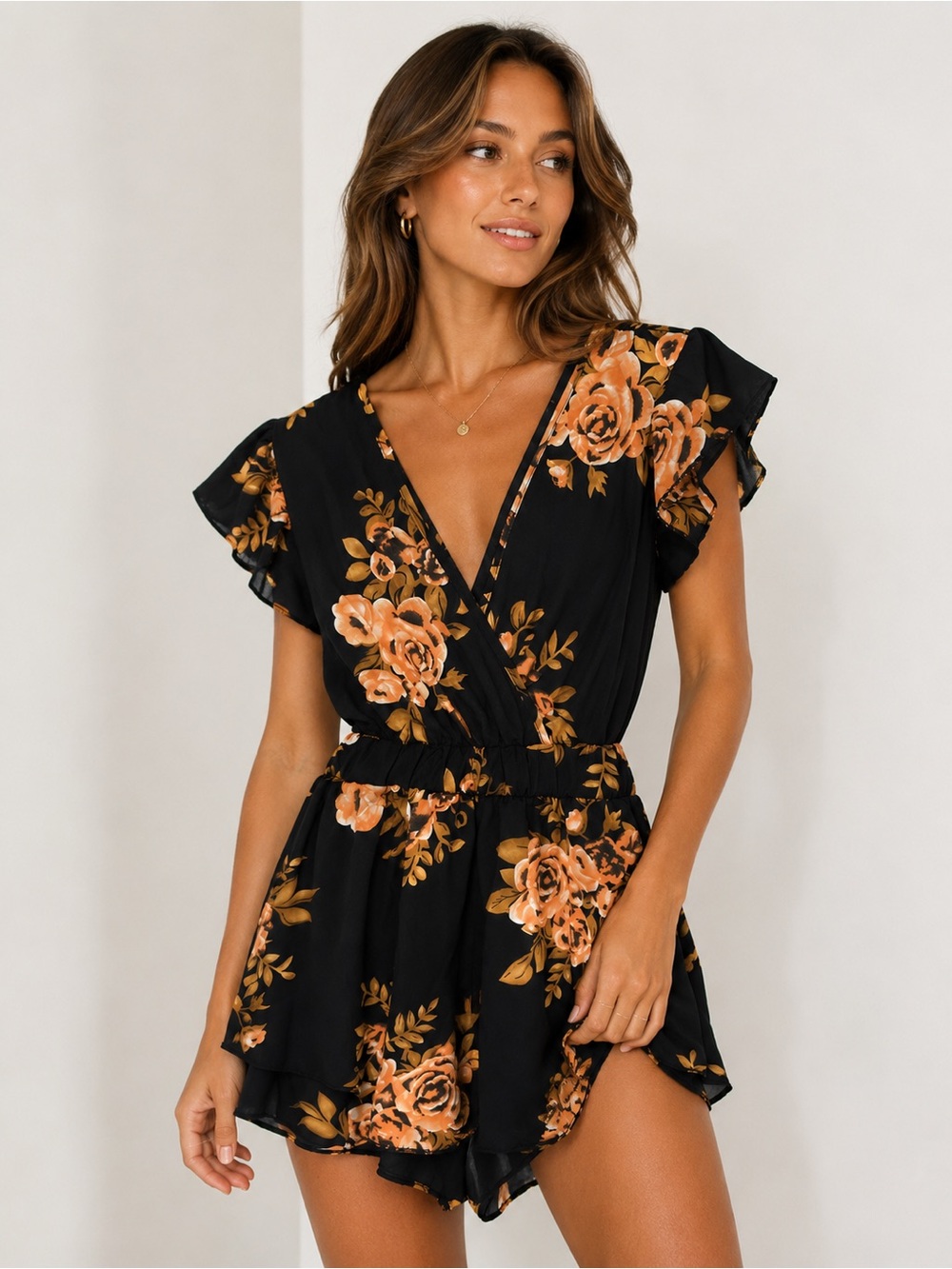 Black Floral Wrap Romper with Orange Roses